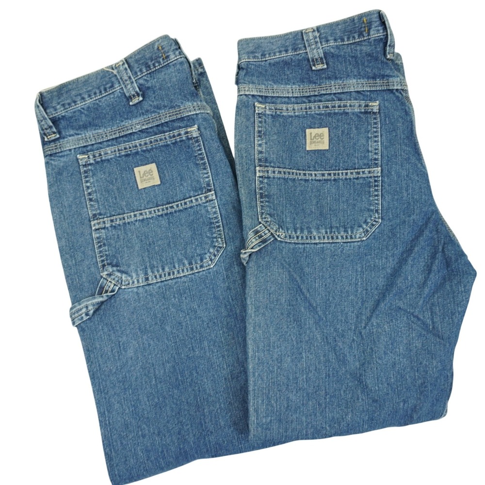 (Lot 2) Vintage Lee Carpenter Jeans Mens 35x32 Dungarees Denim Utility Baggy Y2K